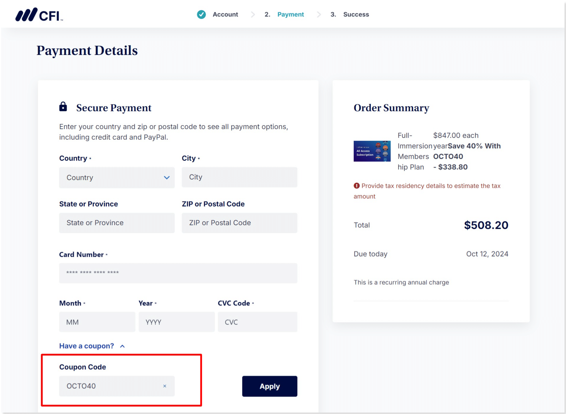 Cfi checkout page