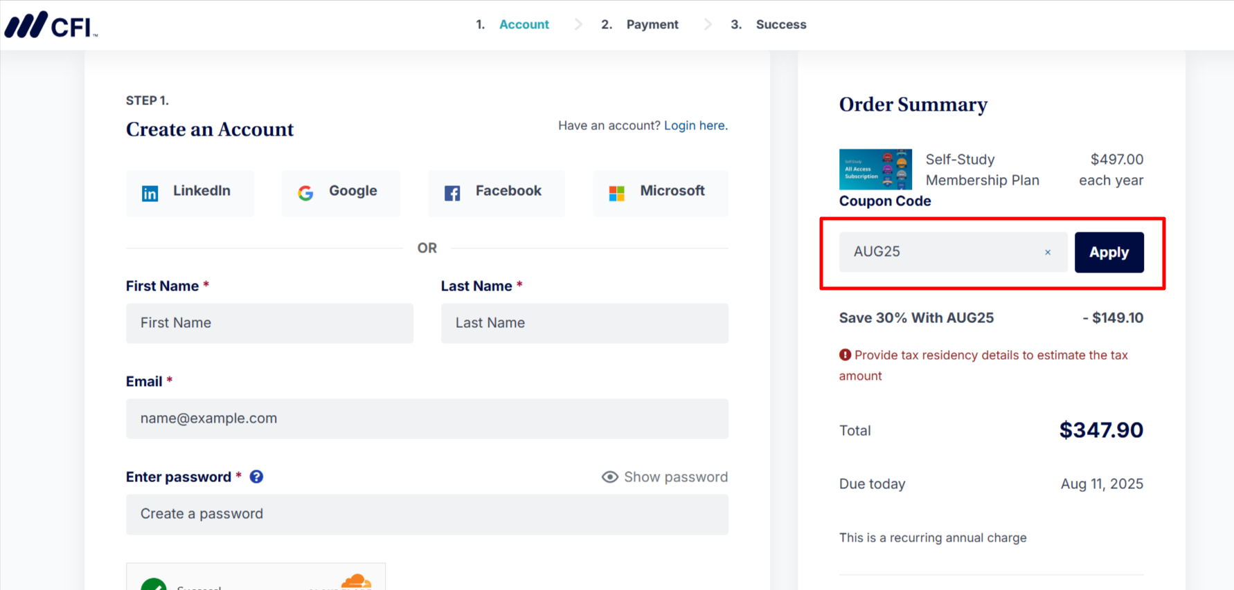 CFI checkout Page