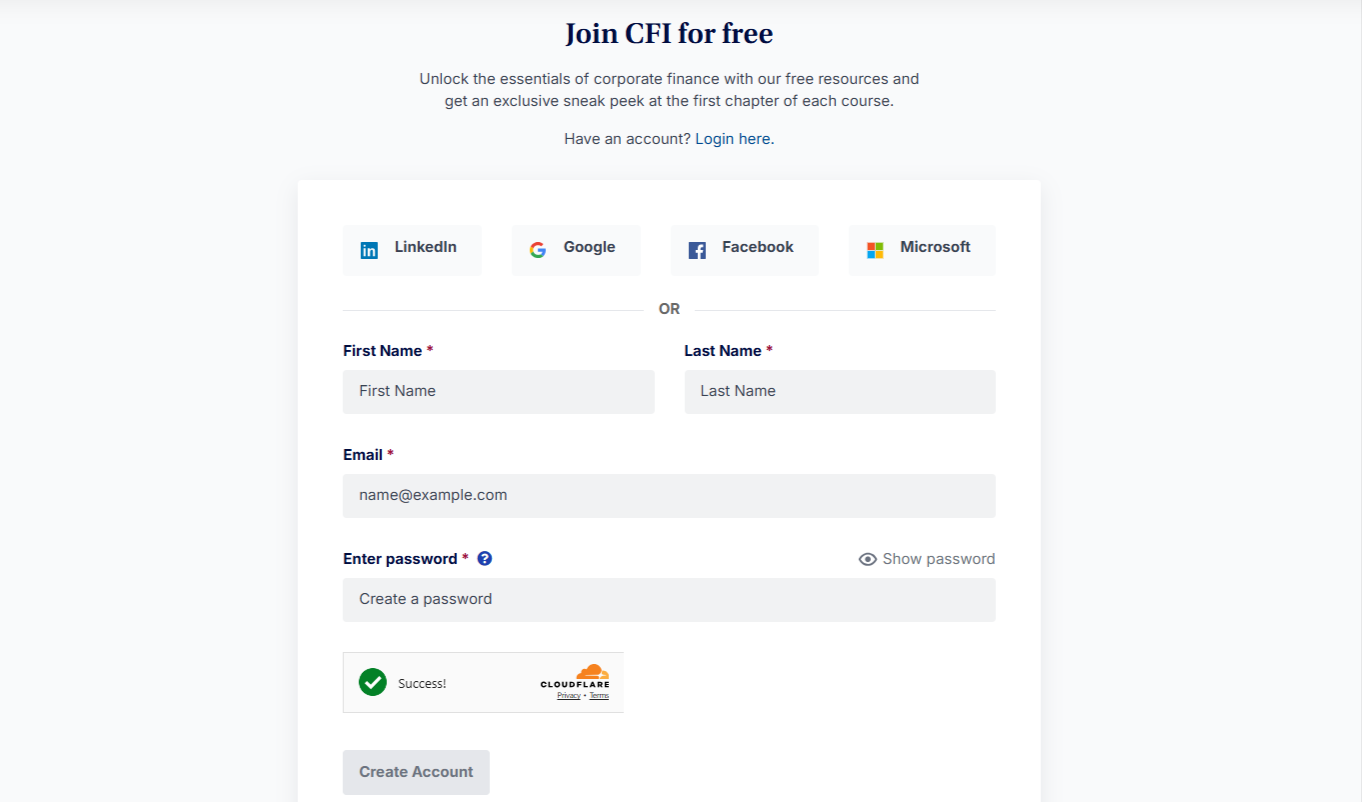CFI sign up page